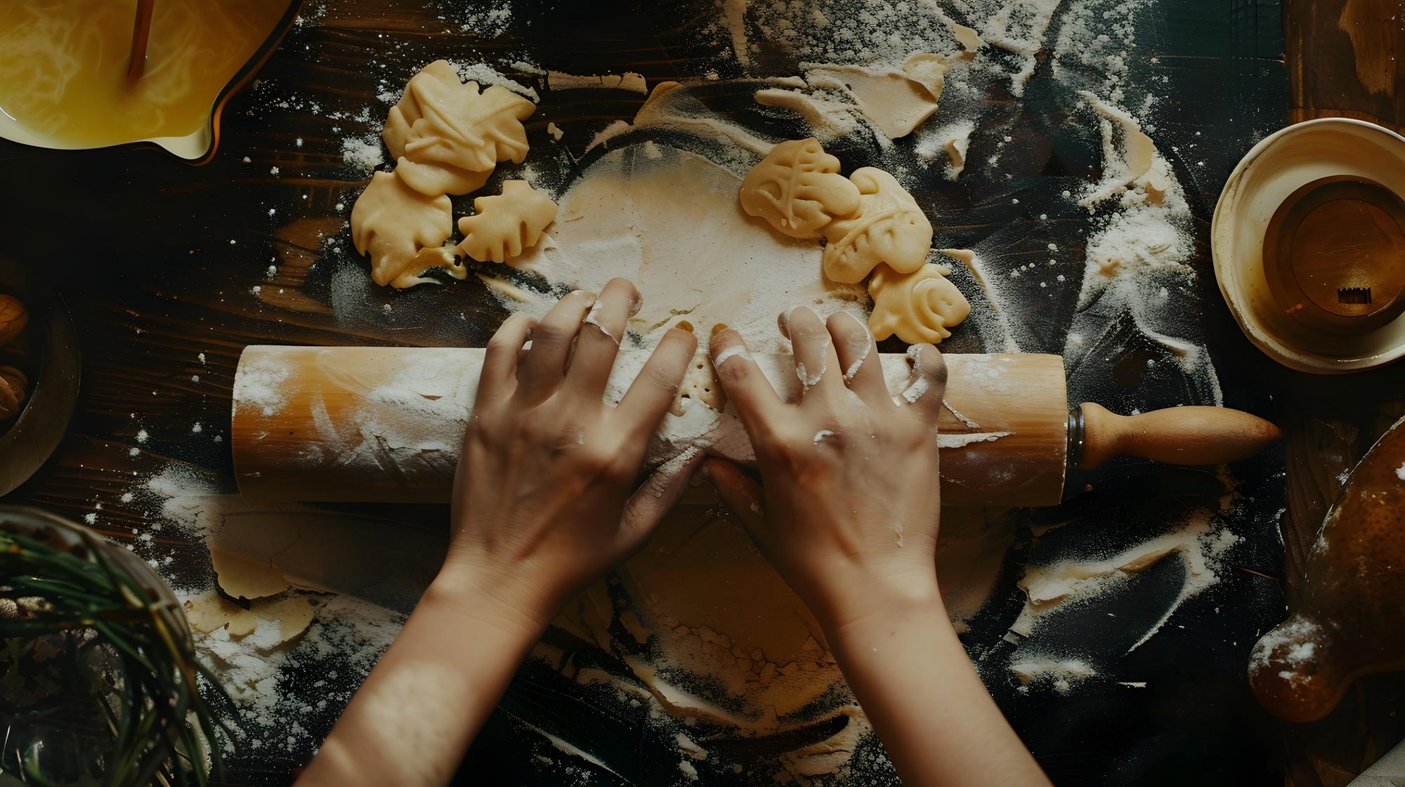 Close-up of hands kneading dough in a warm kitchen